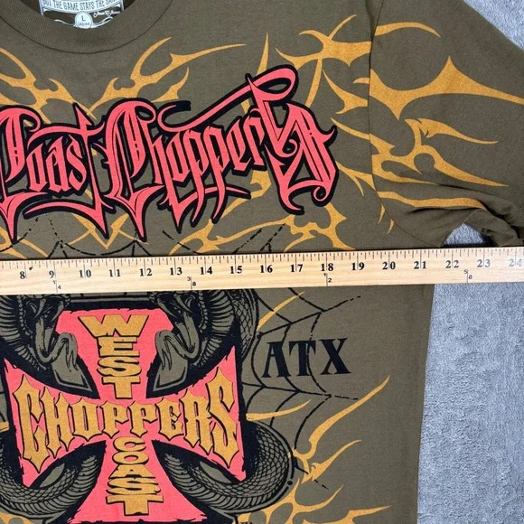 West Coast Choppers Mens Large Olive Green Graphic T-Shirt Cobra Iron Cross Y2K - Picture 8 of 9